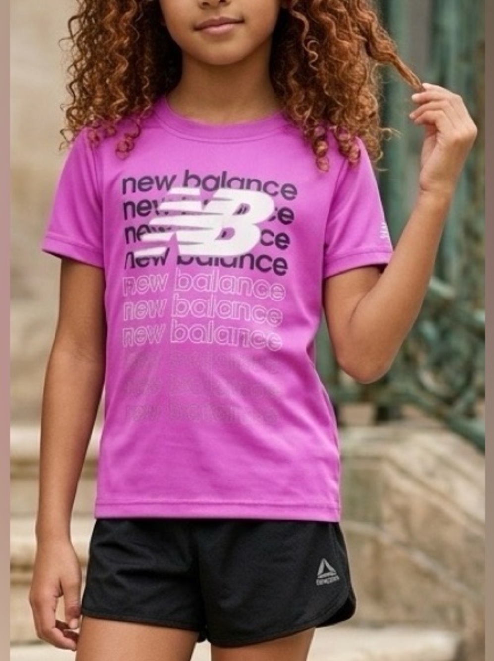 New Balance Girls Purple/Pink Active Tee and Black Shorts Set